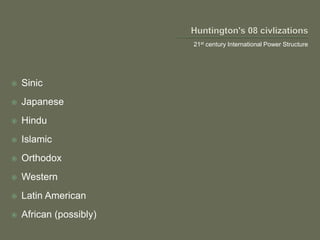 21st century International Power Structure
 Sinic
 Japanese
 Hindu
 Islamic
 Orthodox
 Western
 Latin American
 African (possibly)
 