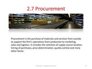 2.7 Procurement




Procurement is the purchase of materials and services from outside
to support the firm’s operations from production to marketing,
sales and logistics. It includes the selection of supply source location,
timing of purchases, price determination, quality control and many
other facets.




                         Y.Serroukh – Anglais Commercial                    19
 