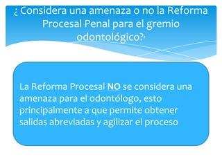 ¿ Considera una amenaza o no la Reforma
      Procesal Penal para el gremio
             odontológico?,



 La Reforma Procesal NO se considera una
 amenaza para el odontólogo, esto
 principalmente a que permite obtener
 salidas abreviadas y agilizar el proceso
 