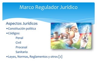 Marco Regulador Jurídico

Aspectos Jurídicos
•Constitución política
•Códigos:
      Penal
      Civil
      Procesal
      Sanitario
•Leyes, Normas, Reglamentos y otros [2]
 
