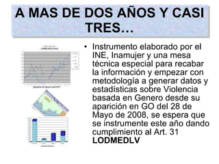 Instrumento elaborado por el INE, Inamujer y una mesa técnica especial para recabar la información y empezar con metodología a generar datos y estadísticas sobre Violencia basada en Genero desde su aparición en GO del 28 de Mayo de 2008, se espera que se instrumente este año dando cumplimiento al Art. 31  LODMEDLV A MAS DE DOS AÑOS Y CASI TRES… 