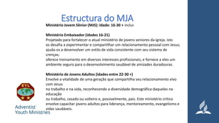 Estructura do MJA
Ministério Jovem Sênior (MJS): Idade: 16-30 + inclui:
Ministério Embaixador (idades 16-21)
Projetado para fortalecer o atual ministério de jovens seniores da igreja. isto
os desafia a experimentar e compartilhar um relacionamento pessoal com Jesus;
ajuda-os a desenvolver um estilo de vida consistente com seu sistema de
crenças;
oferece treinamento em diversos interesses profissionais; e fornece a eles um
ambiente seguro para o desenvolvimento saudável de amizades duradouras.
Ministério de Jovens Adultos (idades entre 22-30 +)
Envolve a vitalidade de uma geração que compartilha seu relacionamento vivo
com Jesus
no trabalho e na vida, reconhecendo a diversidade demográfica daqueles na
educação
ou trabalho, casado ou solteiro e, possivelmente, pais. Este ministério crítico
envolve capacitar jovens adultos para liderança, mentoreamento, evangelismo e
vidas saudáveis.
 