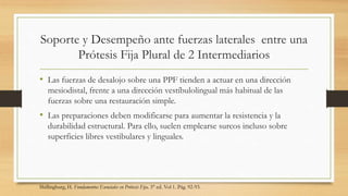 Soporte y Desempeño ante fuerzas laterales entre una
Prótesis Fija Plural de 2 Intermediarios
• Las fuerzas de desalojo sobre una PPF tienden a actuar en una dirección
mesiodistal, frente a una dirección vestíbulolingual más habitual de las
fuerzas sobre una restauración simple.
• Las preparaciones deben modificarse para aumentar la resistencia y la
durabilidad estructural. Para ello, suelen emplearse surcos incluso sobre
superficies libres vestibulares y linguales.
Shillingburg, H. Fundamentos Esenciales en Prótesis Fija. 3° ed. Vol 1. Pág. 92-93.
 