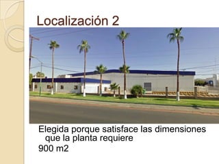 Localización 2




Elegida porque satisface las dimensiones
 que la planta requiere
900 m2
 