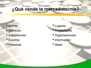 ¿Qué vende la mercadotecnia?


Bienes             Lugares
Servicios          Propiedades
Experiencias       Organizaciones
Eventos            Información
Personas           Ideas
 