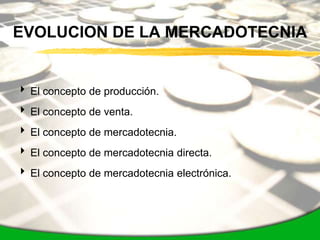 EVOLUCION DE LA MERCADOTECNIA


 El concepto de producción.
 El concepto de venta.
 El concepto de mercadotecnia.
 El concepto de mercadotecnia directa.
 El concepto de mercadotecnia electrónica.
 