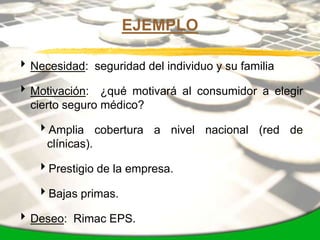 EJEMPLO

 Necesidad: seguridad del individuo y su familia

 Motivación: ¿qué motivará al consumidor a elegir
  cierto seguro médico?

   Amplia cobertura a nivel nacional (red de
    clínicas).

   Prestigio de la empresa.

   Bajas primas.

 Deseo: Rimac EPS.
 