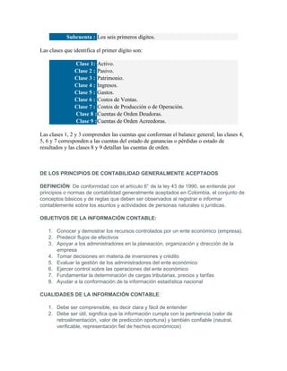 Subcuenta : Los seis primeros dígitos.

Las clases que identifica el primer dígito son:

               Clase 1: Activo.
               Clase 2 : Pasivo.
               Clase 3 : Patrimonio.
               Clase 4 : Ingresos.
               Clase 5 : Gastos.
               Clase 6 : Costos de Ventas.
               Clase 7 : Costos de Producción o de Operación.
               Clase 8 : Cuentas de Orden Deudoras.
               Clase 9 : Cuentas de Orden Acreedoras.

Las clases 1, 2 y 3 comprenden las cuentas que conforman el balance general; las clases 4,
5, 6 y 7 corresponden a las cuentas del estado de ganancias o pérdidas o estado de
resultados y las clases 8 y 9 detallan las cuentas de orden.



DE LOS PRINCIPIOS DE CONTABILIDAD GENERALMENTE ACEPTADOS

DEFINICIÓN: De conformidad con el artículo 6° de la ley 43 de 1990, se entiende por
principios o normas de contabilidad generalmente aceptados en Colombia, el conjunto de
conceptos básicos y de reglas que deben ser observados al registrar e informar
contablemente sobre los asuntos y actividades de personas naturales o jurídicas.

OBJETIVOS DE LA INFORMACIÓN CONTABLE:

   1. Conocer y demostrar los recursos controlados por un ente económico (empresa).
   2. Predecir flujos de efectivos
   3. Apoyar a los administradores en la planeación, organización y dirección de la
      empresa
   4. Tomar decisiones en materia de inversiones y crédito
   5. Evaluar la gestión de los administradores del ente económico
   6. Ejercer control sobre las operaciones del ente económico
   7. Fundamentar la determinación de cargas tributarias, precios y tarifas
   8. Ayudar a la conformación de la información estadística nacional

CUALIDADES DE LA INFORMACIÓN CONTABLE:

   1. Debe ser comprensible, es decir clara y fácil de entender
   2. Debe ser útil, significa que la información cumpla con la pertinencia (valor de
      retroalimentación, valor de predicción oportuna) y también confiable (neutral,
      verificable, representación fiel de hechos económicos)
 
