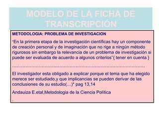 MODELO DE LA FICHA DE
TRANSCRIPCIÓN
METODOLOGIA: PROBLEMA DE INVESTIGACION
“En la primera etapa de la investigación científicas hay un componente
de creación personal y de imaginación que no rige a ningún método
rigurosos sin embargo la relevancia de un problema de investigación si
puede ser evaluada de acuerdo a algunos criterios”{ tener en cuenta }
………………………………………………………………………………
El investigador esta obligado a explicar porque el tema que ha elegido
merece ser estudiado,y que implicancias se pueden derivar de las
conclusiones de su estudio(…)* pag 13,14
Andauiza E.etal,Metodologia de la Ciencia Política
.
 