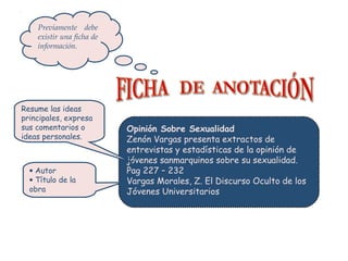 Opinión Sobre Sexualidad
Zenón Vargas presenta extractos de
entrevistas y estadísticas de la opinión de
jóvenes sanmarquinos sobre su sexualidad.
Pag 227 – 232
Vargas Morales, Z. El Discurso Oculto de los
Jóvenes Universitarios
• Autor
• Título de la
obra
Resume las ideas
principales, expresa
sus comentarios o
ideas personales.
Previamente debe
existir una ficha de
información.
 