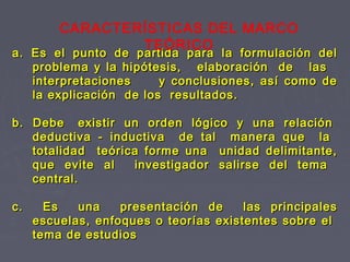 a.a. Es el punto de partida para la formulación delEs el punto de partida para la formulación del
problema y la hipótesis, elaboración de lasproblema y la hipótesis, elaboración de las
interpretaciones y conclusiones, así como deinterpretaciones y conclusiones, así como de
la explicación de los resultados.la explicación de los resultados.
b. Debe existir un orden lógico y una relaciónb. Debe existir un orden lógico y una relación
deductiva - inductiva de tal manera que ladeductiva - inductiva de tal manera que la
totalidad teórica forme una unidad delimitante,totalidad teórica forme una unidad delimitante,
que evite al investigador salirse del temaque evite al investigador salirse del tema
central.central.
c. Es una presentación de las principalesc. Es una presentación de las principales
escuelas, enfoques o teorías existentes sobre elescuelas, enfoques o teorías existentes sobre el
tema de estudiostema de estudios
CARACTERÍSTICAS DEL MARCO
TEÓRICO
 