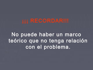 ¡¡¡ RECORDAR!!!
No puede haber un marco
teórico que no tenga relación
con el problema.
 