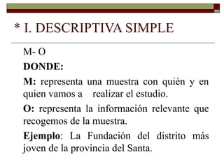 * I. DESCRIPTIVA SIMPLE
M- O
DONDE:
M: representa una muestra con quién y en
quien vamos a realizar el estudio.
O: representa la información relevante que
recogemos de la muestra.
Ejemplo: La Fundación del distrito más
joven de la provincia del Santa.
 