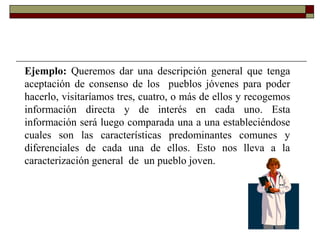 Ejemplo: Queremos dar una descripción general que tenga
aceptación de consenso de los pueblos jóvenes para poder
hacerlo, visitaríamos tres, cuatro, o más de ellos y recogemos
información directa y de interés en cada uno. Esta
información será luego comparada una a una estableciéndose
cuales son las características predominantes comunes y
diferenciales de cada una de ellos. Esto nos lleva a la
caracterización general de un pueblo joven.
 