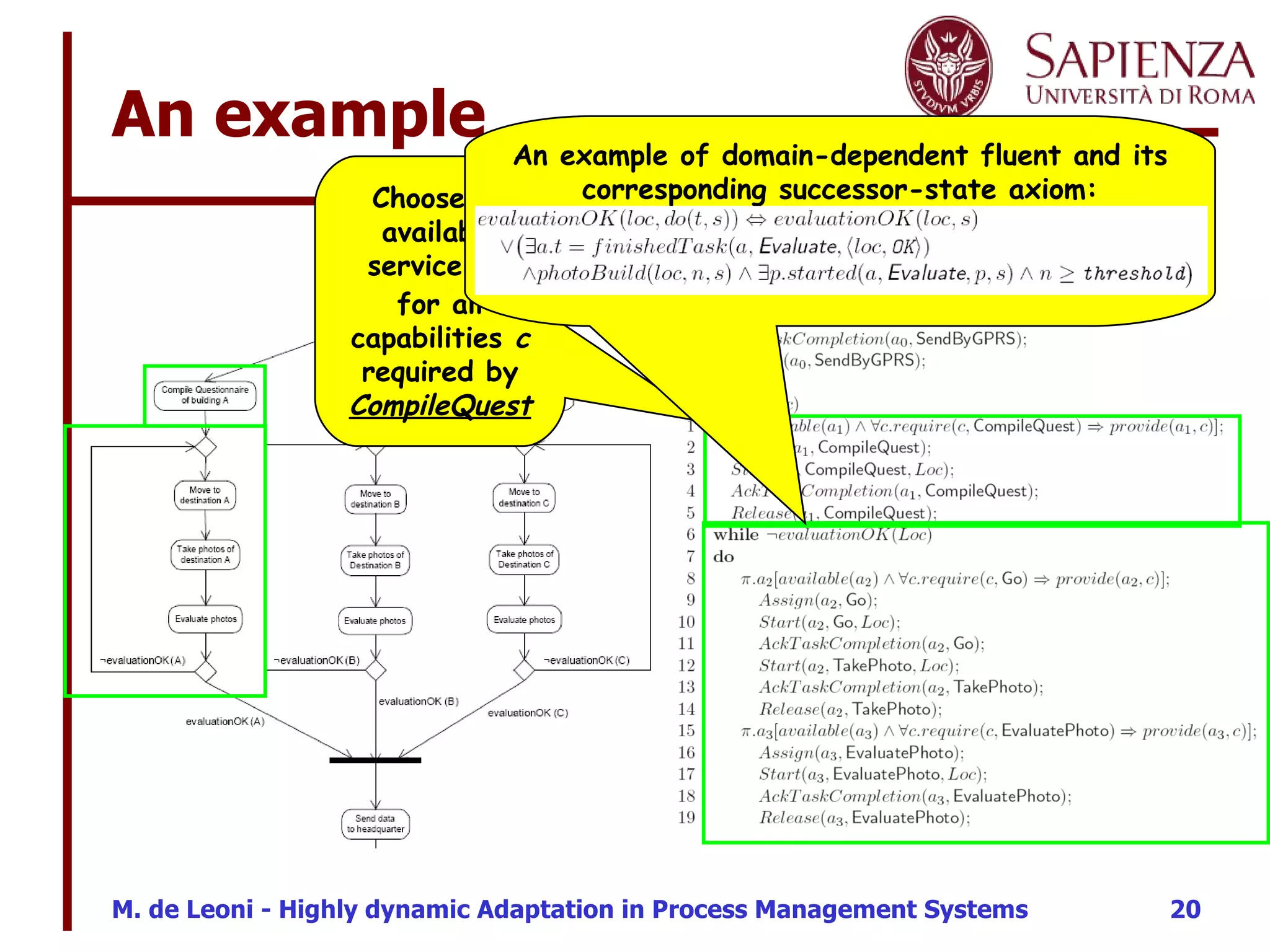 An example Choose an available service  a 1   for all capabilities  c  required by  CompileQuest An example of domain-dependent fluent and its corresponding successor-state axiom: 