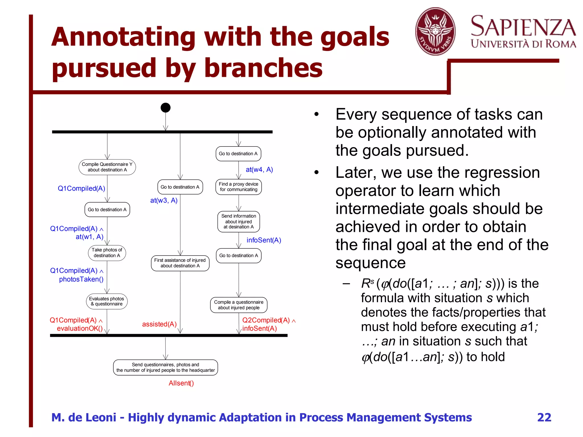 Annotating with the goals pursued by branches Every sequence of tasks can be optionally annotated with the goals pursued.  Later, we use the regression operator to learn which intermediate goals should be achieved in order to obtain the final goal at the end of the sequence R s  (  ( do ([ a 1 ; … ; an ] ; s ))) is the formula with situation  s  which denotes the facts/properties that must hold before executing  a 1 ;…; an  in situation  s  such that   ( do ([ a 1 …an ] ; s )) to hold 