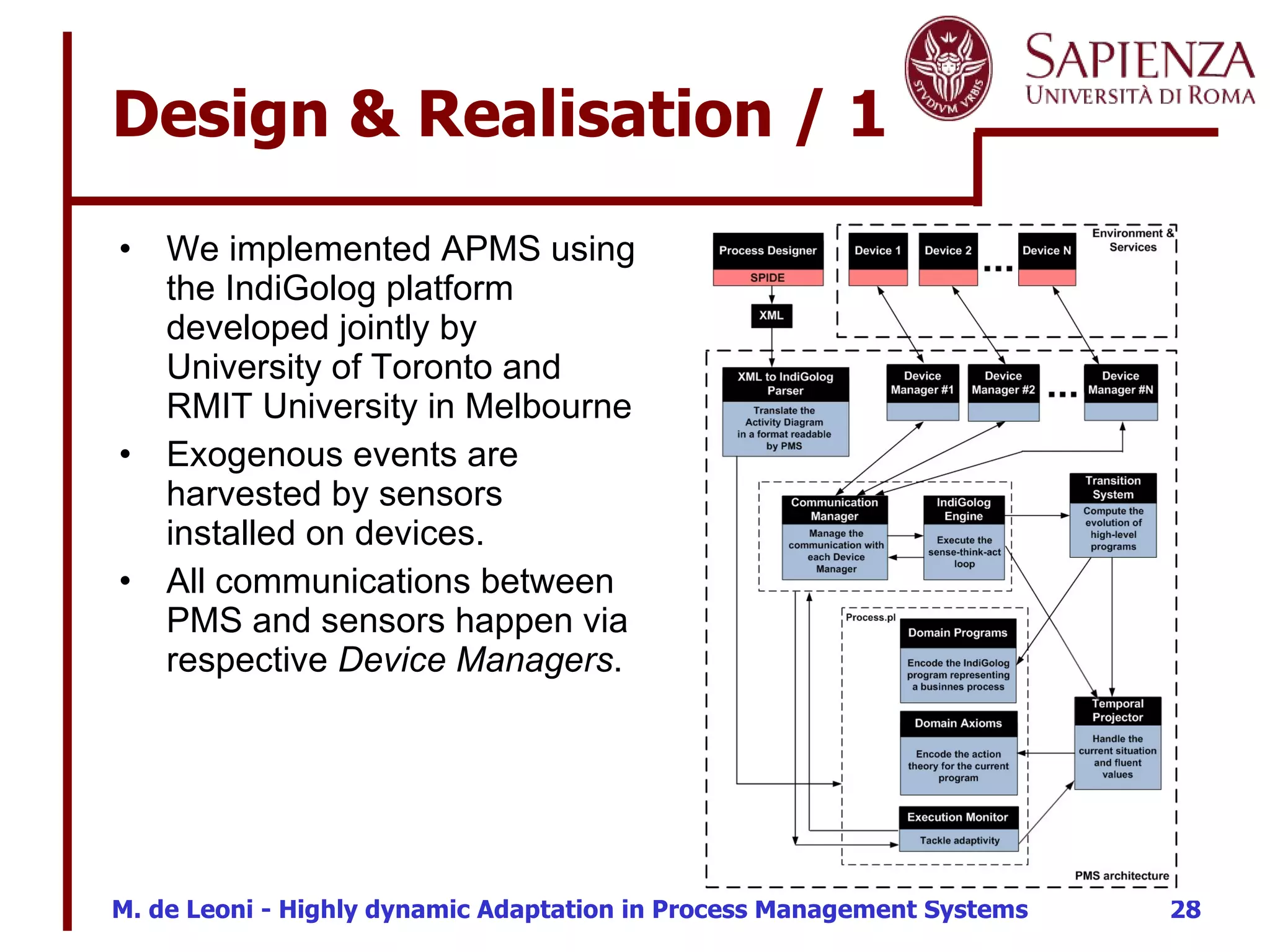 Design & Realisation / 1 We implemented APMS using the IndiGolog platform developed jointly by University of Toronto and RMIT University in Melbourne Exogenous events are harvested by sensors installed on devices. All communications between PMS and sensors happen via respective  Device Managers . 