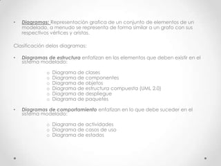 •   Diagramas: Representación grafica de un conjunto de elementos de un
    modelado, a menudo se representa de forma similar a un grafo con sus
    respectivos vértices y aristas.

Clasificación delos diagramas:

•   Diagramas de estructura enfatizan en los elementos que deben existir en el
    sistema modelado:

              o   Diagrama de clases
              o   Diagrama de componentes
              o   Diagrama de objetos
              o   Diagrama de estructura compuesta (UML 2.0)
              o   Diagrama de despliegue
              o   Diagrama de paquetes

•   Diagramas de comportamiento enfatizan en lo que debe suceder en el
    sistema modelado:

              o Diagrama de actividades
              o Diagrama de casos de uso
              o Diagrama de estados
 