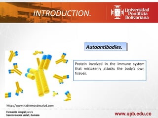 INTRODUCTION.


                                       Autoantibodies.
                                       Autoantibodies.

                                 Protein involved in the immune system
                                 that mistakenly attacks the body's own
                                 tissues.




http://www.hablemosdesalud.com
 