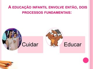 A EDUCAÇÃO INFANTIL ENVOLVE ENTÃO, DOIS
PROCESSOS FUNDAMENTAIS:
Cuidar Educar
 