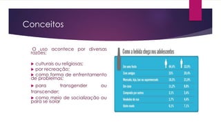 Conceitos
O uso acontece por diversas
razões:
 culturais ou religiosas;
 por recreação;
 como forma de enfrentamento
de problemas;
 para transgender ou
transcender;
 como meio de socialização ou
para se isolar
 