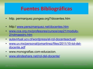 Fuentes Bibliográficas
• http. permarquez.pongea.org7/docentes.htm
• http:/ www.perezmarquez.net/docentes.htm
• www.cca.org.mx/profesores/cursos/cep21/modulo-
2/rolmaestro.htm
• aulavirtual.ucv.cl/wordpress/el-rol-docenteactual/
• www.uv.mx/personal/jomartinez/files/2011/10-tol-del-
docente.adf
• www.monografias.com-educacion.
• www.slindeshare.net/rol-del-docente/
2/8/14 3:47 a. m.
Grupo Los Constructores, UNPHU
 
