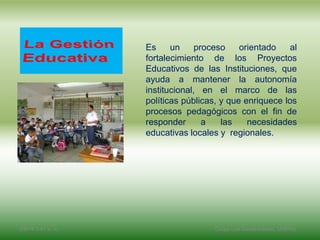 Es un proceso orientado al
fortalecimiento de los Proyectos
Educativos de las Instituciones, que
ayuda a mantener la autonomía
institucional, en el marco de las
políticas públicas, y que enriquece los
procesos pedagógicos con el fin de
responder a las necesidades
educativas locales y regionales.
2/8/14 3:47 a. m. Grupo Los Constructores, UNPHU
 