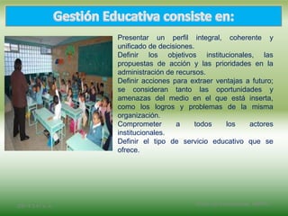 Presentar un perfil integral, coherente y
unificado de decisiones.
Definir los objetivos institucionales, las
propuestas de acción y las prioridades en la
administración de recursos.
Definir acciones para extraer ventajas a futuro;
se consideran tanto las oportunidades y
amenazas del medio en el que está inserta,
como los logros y problemas de la misma
organización.
Comprometer a todos los actores
institucionales.
Definir el tipo de servicio educativo que se
ofrece.
2/8/14 3:47 a. m. Grupo Los Constructores, UNPHU
 