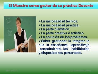 La racionalidad técnica.
La racionalidad práctica.
La parte científico.
La parte creativa o artístico
La solución de los problemas.
Saber gestionar la integrar lo
que la enseñanza –aprendizaje
,conocimiento, las habilidades
y disposiciones personales.
2/8/14 3:47 a. m. Grupo Los Constructores, UNPHU
 