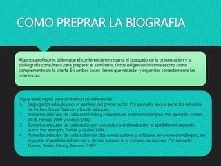 COMO PREPRAR LA BIOGRAFIA
Algunos profesores piden que el conferenciante reparta el bosquejo de la presentación y la
bibliografía consultada para preparar el seminario. Otros exigen un informe escrito como
complemento de la charla. En ambos casos tienes que redactar y organizar correctamente las
referencias.
Sigue estas reglas para alfabetizar las referencias:
1. Segrega los artículos por el apellido del primer autor. Por ejemplo, saca a parte los artículos
de Forbes, los de Salmon y los de Vázquez.
2. Toma los artículos de cada autor solo y colócalos en orden cronológico. Por ejemplo, Forbes
1978, Forbes 1989 y Forbes 1992.
3. Toma los artículos de cada autor con otro autor y ordénalos por el apellido del segundo
autor. Por ejemplo, Forbes y Quinn 1984,
4. Toma los artículos de cada autor con dos o más autores y colócalos en orden cronológico, sin
importar el apellido del tercero o demás autores ni el número de autores. Por ejemplo:
Forbes, Smith, Kline y Boerner, 1985
 