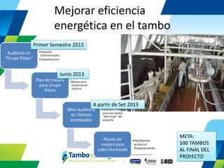 Mejorar eficiencia energética en el tambo 
Auditoría en “Grupo Piloto” 
•Paquetes Estandarizados 
•Capacitaciones 
Plan de mejora para Grupo Piloto 
•Apoyo para implementar mejoras 
Mini-Auditoría en Tambos interesados 
•Solución a medida para ese tambo, “aterrizaje” del paquete 
Planes de mejora para cada interesado 
•Facilitamos acceso al financiamiento. 
Primer Semestre 2013 
Junio 2013 
A partir de Set 2013 
META: 500 TAMBOS AL FINAL DEL PROYECTO  