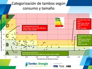 Categorización de tambos según consumo y tamaño 
0 
20 
40 
60 
80 
100 
120 
140 
160 
0 
1000 
2000 
3000 
4000 
5000 
6000 
7000 
8000 
Intensidad Energética (kWh cada 1000 litros de leche remitida) 
Promedio Diario de Remisión (en litros) 
Promedio diario: 6345 litros. 
Paga $ 232 a UTE por cada 1000 litros de leche. 
(Mes: $ 44.100) 
Promedio diario: 6572 litros. Paga $ 110 a UTE por cada 1000 litros de leche. (Mes: $ 21.700) 
Promedio diario: 431 litros. Paga $ 339,4 a UTE por cada 1000 litros de leche. (Mes: $4.400) 
Promedio diario: 578 litros. 
Paga $ 205,9 a UTE por cada 1000 litros de leche. (Mes: $ 3500)  