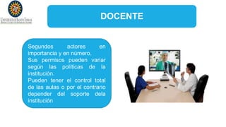DOCENTE
Segundos actores en
importancia y en número.
Sus permisos pueden variar
según las políticas de la
institución.
Pueden tener el control total
de las aulas o por el contrario
depender del soporte dela
institución
 