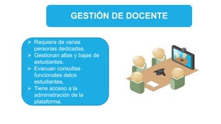 GESTIÓN DE DOCENTE
 Requiere de varias
personas dedicadas.
 Gestionan altas y bajas de
estudiantes.
 Evacuan consultas
funcionales delos
estudiantes.
 Tiene acceso a la
administración de la
plataforma.
 