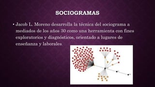 SOCIOGRAMAS
• Jacob L. Moreno desarrolla la técnica del sociograma a
mediados de los años 30 como una herramienta con fines
exploratorios y diagnósticos, orientado a lugares de
enseñanza y laborales.
 
