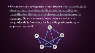 • Se conoce como sociograma a una técnica que, a través de la
observación y la evaluación de un contexto, refleja en
un gráfico los diferentes vínculos entre los miembros de
un grupo. De esta manera, logra dejar en evidencia
los grados de influencia y los lazos de preferencia que
se presentan en él.
 