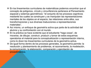  En los lineamientos curriculares de matemáticas podemos encontrar que el
concepto de polígonos, círculo y circunferencia pertenece al Pensamiento
espacial y sistemas geométricos: “el conjunto de los procesos cognitivos
mediante los cuales se construyen y se manipulan las representaciones
mentales de los objetos en el espacio, las relaciones entre ellos, sus
transformaciones y sus diversas traducciones a representaciones
materiales”.
 Así mismo, un enfoque de geometría activa que parte de la actividad del
alumno y su confrontación con el mundo.
 En la práctica se hace evidente que el estudiante “haga cosas”, de
moverse, de dibujar, construir, producir y tomar de estos esquemas
operatorios el material para la conceptualización o representación interna,
como lo dicen los lineamientos curriculares de la geometría activa.
 De igual forma dentro de los procesos generales, la geometría permite: la
resolución y planteamiento de problemas, el razonamiento, la modelación,
la comunicación, la elaboración, comparación y ejercitación de
procedimientos.
 