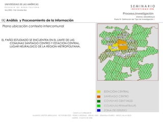S E M I N A R I O I  N  V  E  S  T  I  G  A  C  I  Ó  N UNIVERSIDAD DE LAS AMÉRICAS E  S  C  U  E  L  A  D  E  A  R  Q  U  I  T  E  C  T  U  R  A Arq_0902 – Prof: Arnaldo Ruiz GRUPO LE CORBUSIER  ® ALUMNOS: NESTOR ARRIAGADA - VICTOR BRICEÑO - PEDRO CARDENAS - SERGIO ORTIZ - SEBASTIÁN PIZARRO - SERGIO VILLALOBOS  MARTES, 13 MAYO DE 2008 IX)  Análisis  y Procesamiento de la Información Plano ubicación contexto intercomunal EL PAÑO ESTUDIADO SE ENCUENTRA EN EL LIMITE DE LAS COMUNAS SANTIAGO CENTRO Y ESTACION CENTRAL, LUGAR NEURALGICO DE LA REGION METROPOLITANA. Proceso . investigación Parte IV: Definición del Tipo de Investigación  :·   ETAPAS_DESARROLLO 