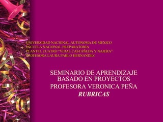 UNIVERSIDAD NACIONAL AUTONOMA DE MEXICO ESCUELA NACIONAL PREPARATORIA PLANTEL CUATRO “VIDAL CASTAÑEDA Y NAJERA” PROFESORA LAURA PABLO HERNANDEZ SEMINARIO DE APRENDIZAJE BASADO EN PROYECTOS PROFESORA VERONICA PEÑA RUBRICAS 