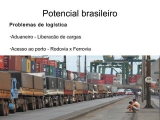 Problemas de logística
•Aduaneiro - Liberacão de cargas
•Acesso ao porto - Rodovia x Ferrovia
Potencial brasileiro
 