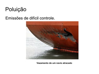 Emissões de difícil controle.
Poluição
Vazamento de um navio atracado
 