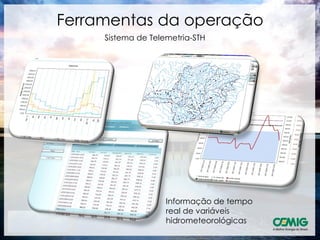 Ferramentas da operação
     Sistema de Telemetria-STH




                    Informação de tempo
                    real de variáveis
                    hidrometeorológicas
 