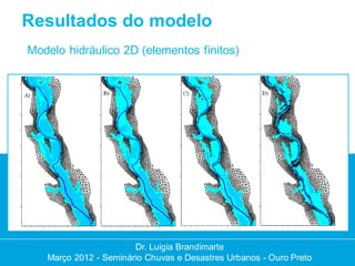 Resultados do modelo
Modelo hidráulico 2D (elementos finitos)




                       Dr. Luigia Brandimarte
                        Dr. Luigia Brandimarte
   Março 2012 --Seminário Chuvas e Desastres Urbanos --Ouro Preto
   Março 2012 Seminário Chuvas e Desastres Urbanos Ouro Preto
 