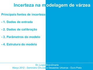 Incerteza na modelagem de várzea
Principais fontes de incerteza:

- 1. Dados de entrada

- 2. Dados de calibração

- 3. Parâmetros do modelo

- 4. Estrutura do modelo




                           Dr. Luigia Brandimarte
       Março 2012 - Seminário Chuvas e Desastres Urbanos - Ouro Preto
 