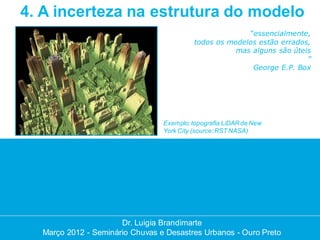 4. A incerteza na estrutura do modelo
                                                         “essencialmente,
                                           todos os modelos estão errados,
                                                      mas alguns são úteis
                                                                         ”
                                                          George E.P. Box




                                 Exemplo: topografia LiDAR de New
                                 York City (source: RST NASA)




                      Dr. Luigia Brandimarte
                       Dr. Luigia Brandimarte
  Março 2012 --Seminário Chuvas e Desastres Urbanos --Ouro Preto
  Março 2012 Seminário Chuvas e Desastres Urbanos Ouro Preto
 