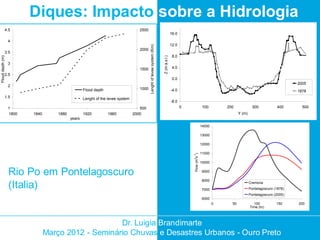 Diques: Impacto sobre a Hidrologia
              4.5                                                                  2500
                                                                                                                                       16.0
                  4
                                                                                                                                       12.0




                                                                                          Lenght of levee system (Km)
                                                                                   2000
              3.5
                                                                                                                                        8.0
Flood depth (m)




                                                                                                                        Z (m a.s.l.)
                  3
                                                                                   1500                                                 4.0
              2.5
                                                                                                                                        0.0
                                                                                                                                                                                                                    2005
                  2
                                                   Flood depth                     1000                                                -4.0                                                                         1878
              1.5                                  Lenght of the levee system
                                                                                                                                       -8.0
                  1                                                                500                                                        0                   100        200              300            400      500
                  1800   1840       1880           1920          1960           2000                                                                                                Y (m)
                                           years
                                                                                                                                                                 14000

                                                                                                                                                                 13000

                                                                                                                                                                 12000

                                                                                                                                                                 11000




                                                                                                                                                   Flow (m s )
                                                                                                                                                  3 -1
                                                                                                                                                                 10000


                  Rio Po em Pontelagoscuro                                                                                                                        9000

                                                                                                                                                                  8000
                  (Italia)                                                                                                                                        7000
                                                                                                                                                                                            Cremona
                                                                                                                                                                                            Pontelagoscuro (1878)
                                                                                                                                                                                            Pontelagoscuro (2005)
                                                                                                                                                                  6000
                                                                                                                                                                         0     50             100           150     200
                                                                                                                                                                                            Time (hr)



                                                    Dr. Luigia Brandimarte
                                Março 2012 - Seminário Chuvas e Desastres Urbanos - Ouro Preto
 