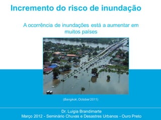 Incremento do risco de inundação

   A ocorrência de inundações está a aumentar em
                    muitos países




                       (Bangkok, October 2011)


                      Dr. Luigia Brandimarte
                       Dr. Luigia Brandimarte
  Março 2012 --Seminário Chuvas e Desastres Urbanos --Ouro Preto
  Março 2012 Seminário Chuvas e Desastres Urbanos Ouro Preto
 