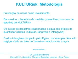 KULTURisk: Metodologia

Prevenção de riscos como investimento

Demonstrar o benefício de medidas preventivas nos caso de
estudios de KULTURisk

Os custos de desastres relacionados à água são difíceis de
quantificar (diretos, indiretos, tangíveis e intangíveis)

Custos intangíveis (impacto psicológico, por exemplo) têm sido
negligenciada na área de desastres relacionados à água

                            (www.kulturisk.eu)


                         Dr. Luigia Brandimarte
     Março 2012 - Seminário Chuvas e Desastres Urbanos - Ouro Preto
 
