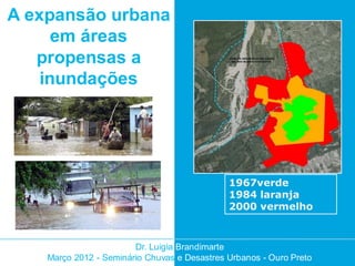 A expansão urbana
      em áreas
   propensas a
    inundações




                                              1967verde
                                              1984 laranja
                                              2000 vermelho


                        Dr. Luigia Brandimarte
    Março 2012 - Seminário Chuvas e Desastres Urbanos - Ouro Preto
 