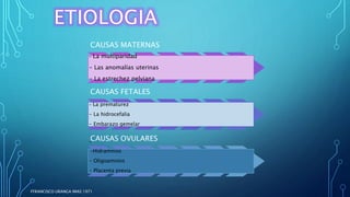 CAUSAS MATERNAS
- La multiparidad
- Las anomalías uterinas
- La estrechez pelviana
CAUSAS FETALES
- La prematurez
- La hidrocefalia
- Embarazo gemelar
CAUSAS OVULARES
-
-Hidramnios
- Oligoamnios
- Placenta previa
FFRANCISCO URANGA IMAS 1971
 